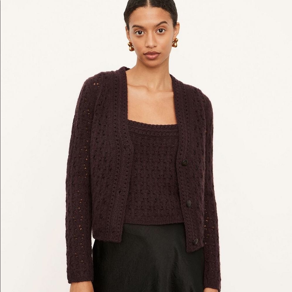 NWT $425 Vince Crochet Wool Cashmere Cardigan in Plum Wine
